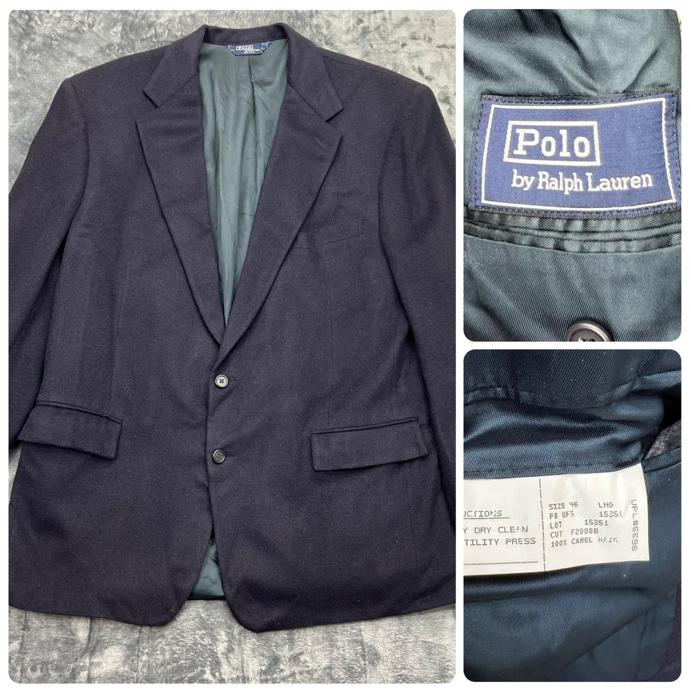 VTG Polo Ralph Lauren Made In USA 46L 100% Camel Hair Sport Coat Blazer Blue - Picture 1 of 15